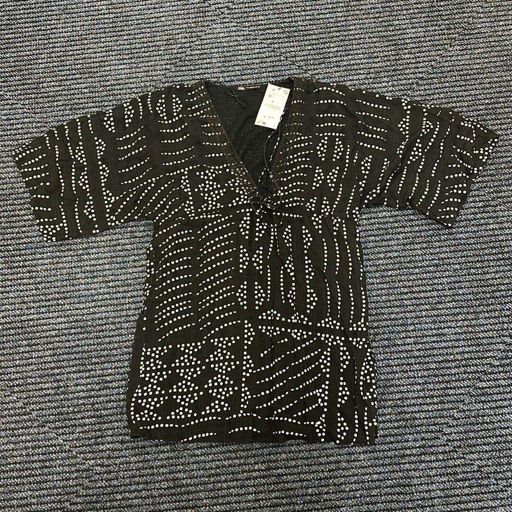 NWT ZARA Black White POLKA DOT PRINT DRESS Short Sleeve V NECK